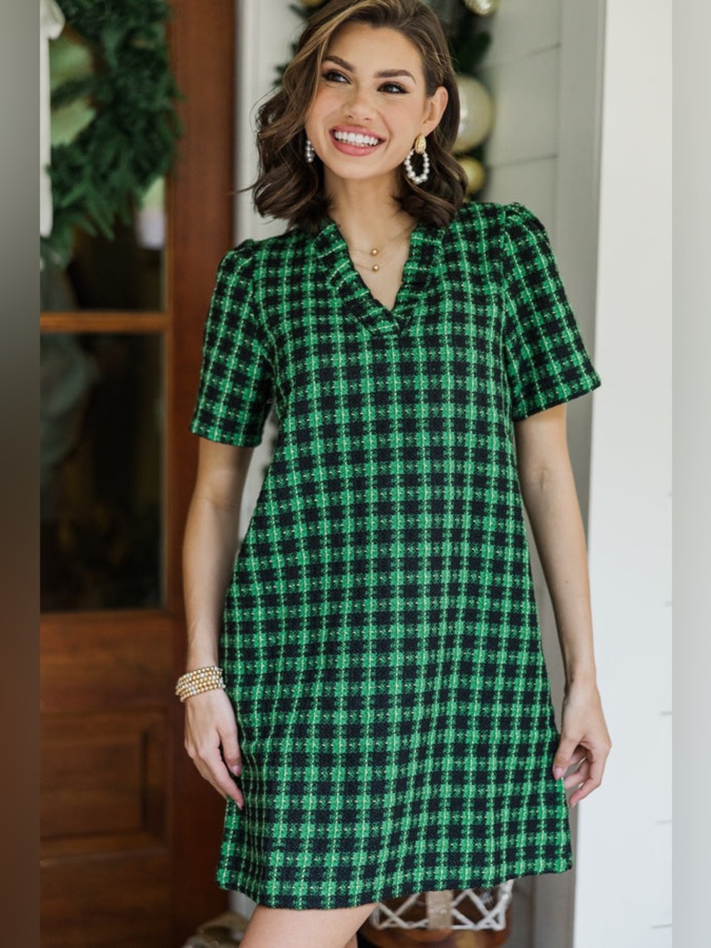 Voy Tweed Ruffle Collar V-Neck Dress Green and Black Size M